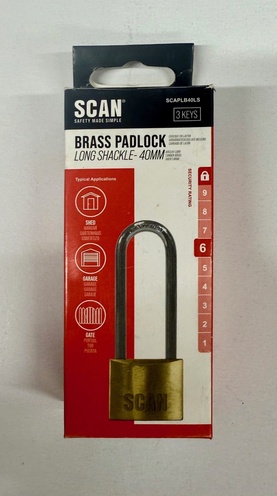 Scan Brass Padlock 40mm Long Shackle