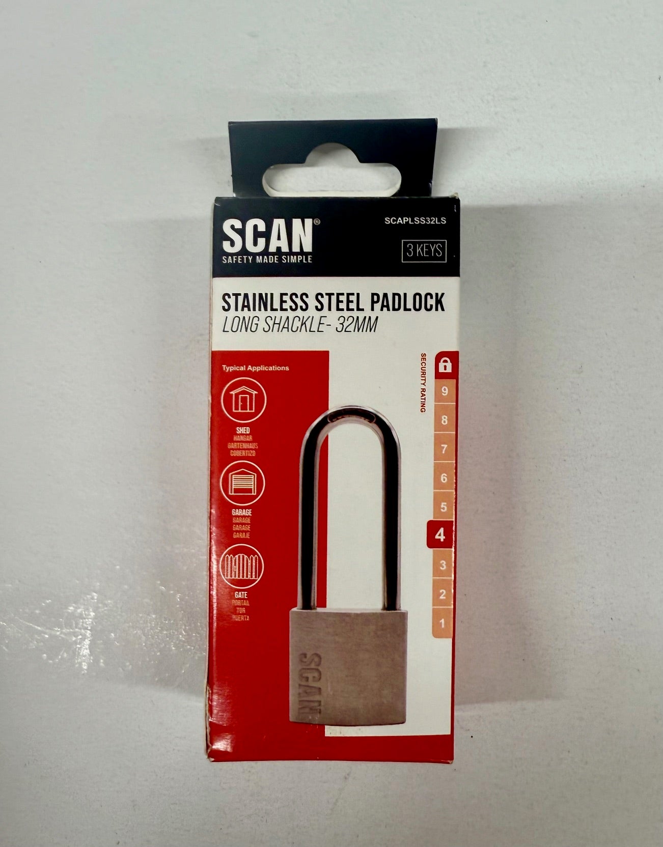 Scan Stainless Steel Padlock 32Mm Long Shackle