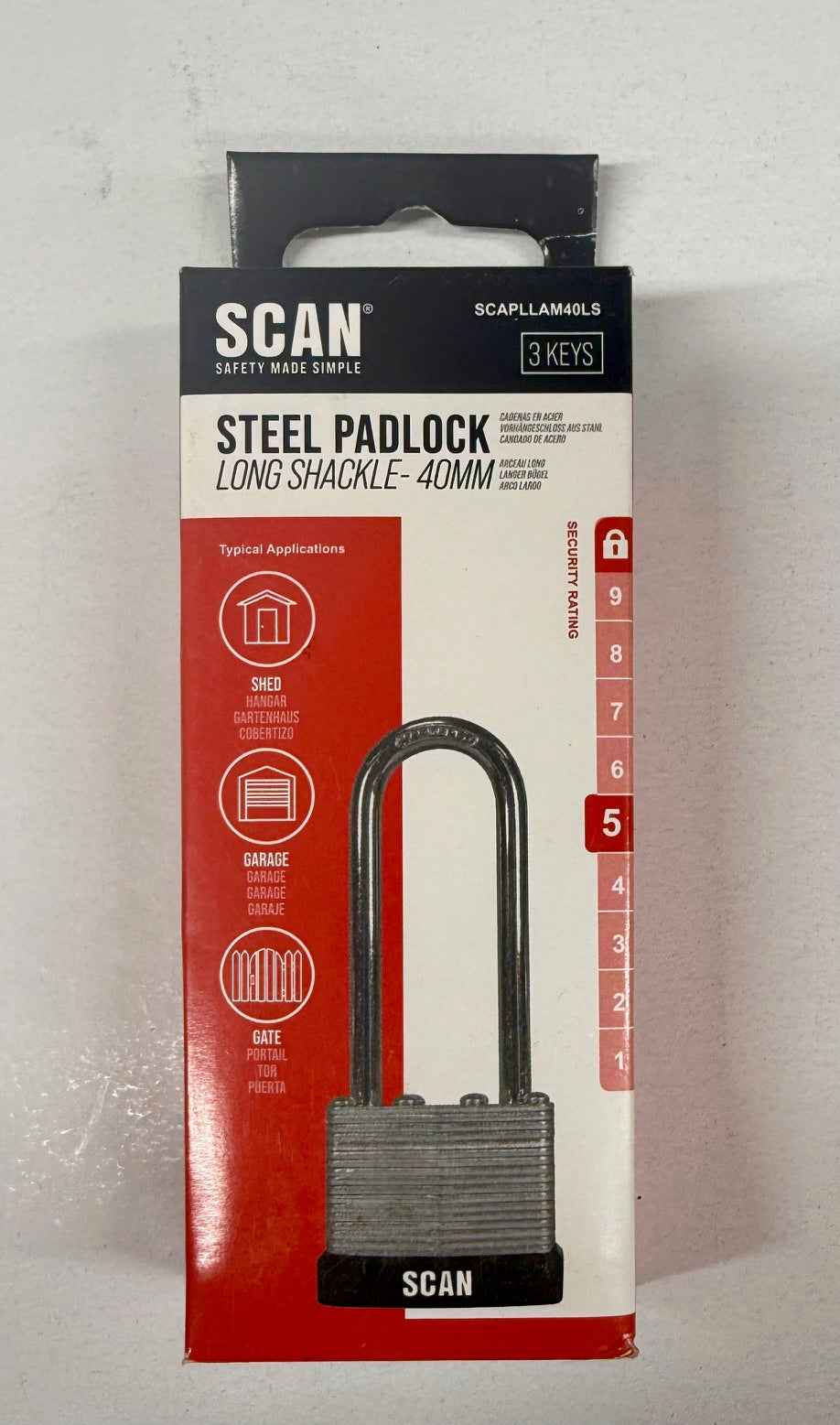 Scan Laminated Steel Padlock 40mm Long Shackle