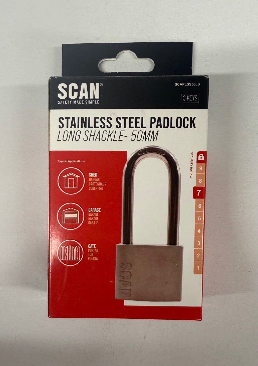 Scan Stainless Steel Padlock 50mm Long Shackle